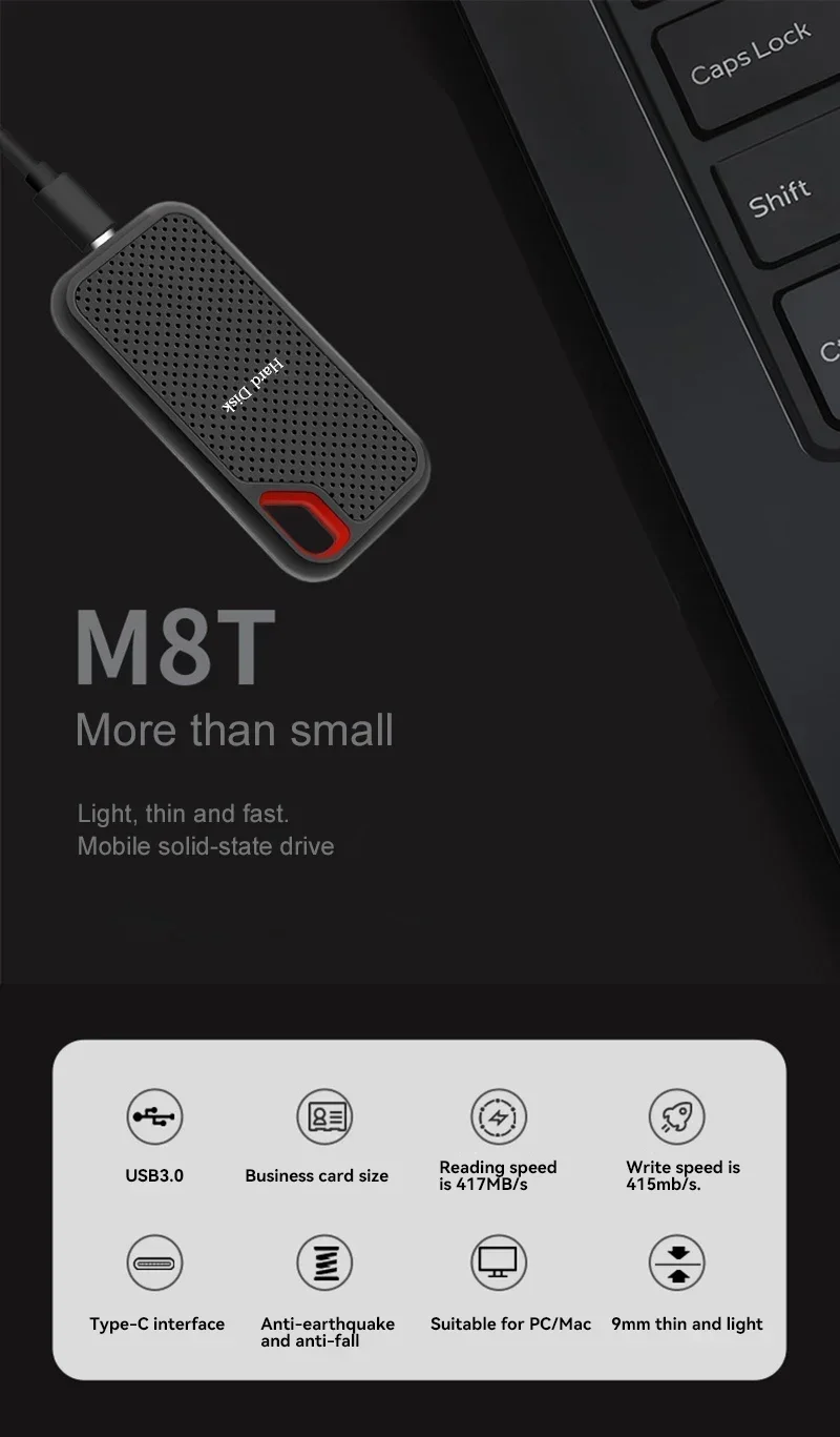 4TB Mini Portable SSD External Hard Drive Hardware Storage USB-C - Password Protection & Ultra Lightweight for Office/Security