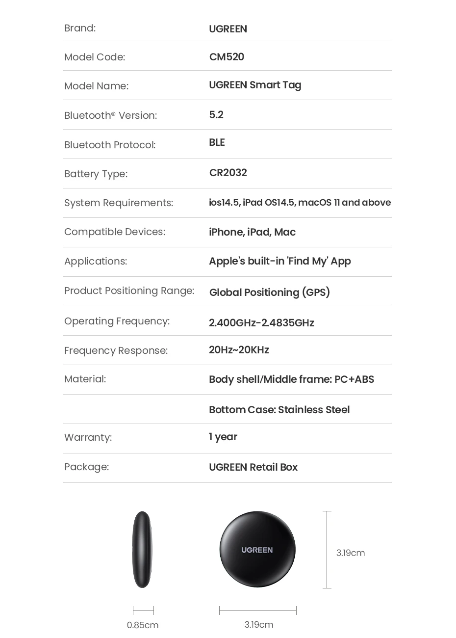 UGREEN Finder Security SmartTrack Link Smart Tag With Apple Find My Key Bluetooth GPS Tracker For Earbud Luggage MFi Finder IOS