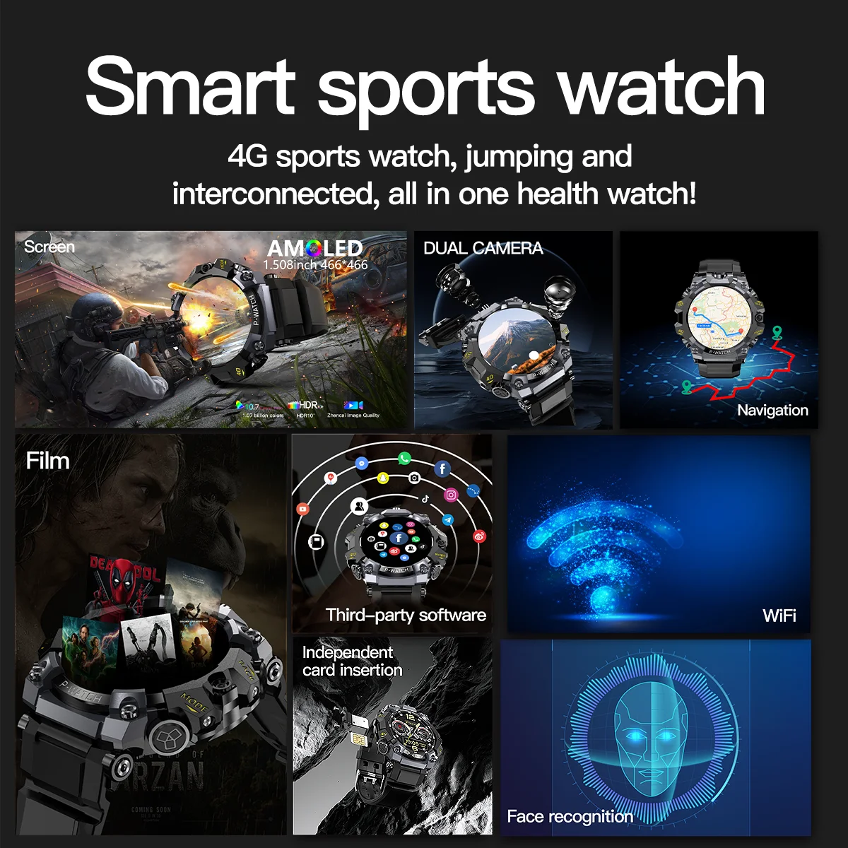GoldenSpike 4G Sim Card Smart Watch 200W+800W Dual Camera GPS tracking Video Calling Android Watch Phone Wifi Connect Download
