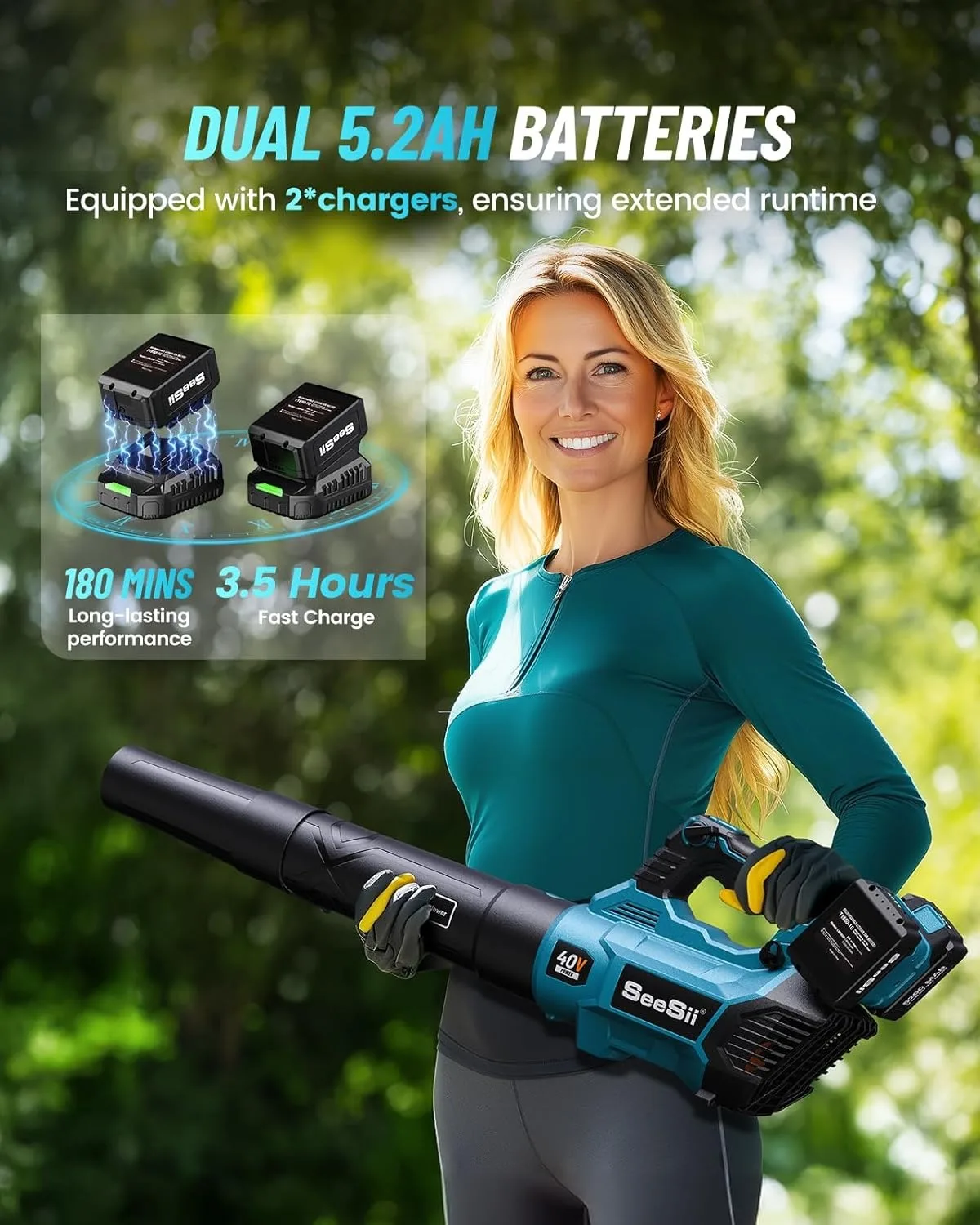 Seesii 40V Leaf Blower Cordless 680CFM/210MPH Brushless Motor Variable Speed Control Turbo Button Electric Blower 2*5.2A Battery