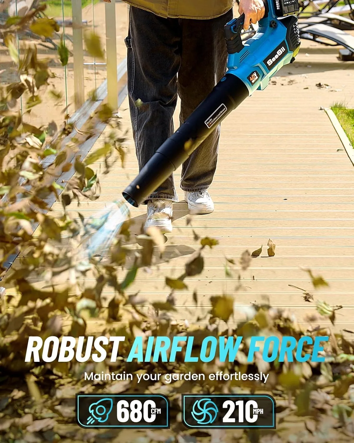 Seesii 40V Leaf Blower Cordless 680CFM/210MPH Brushless Motor Variable Speed Control Turbo Button Electric Blower 2*5.2A Battery