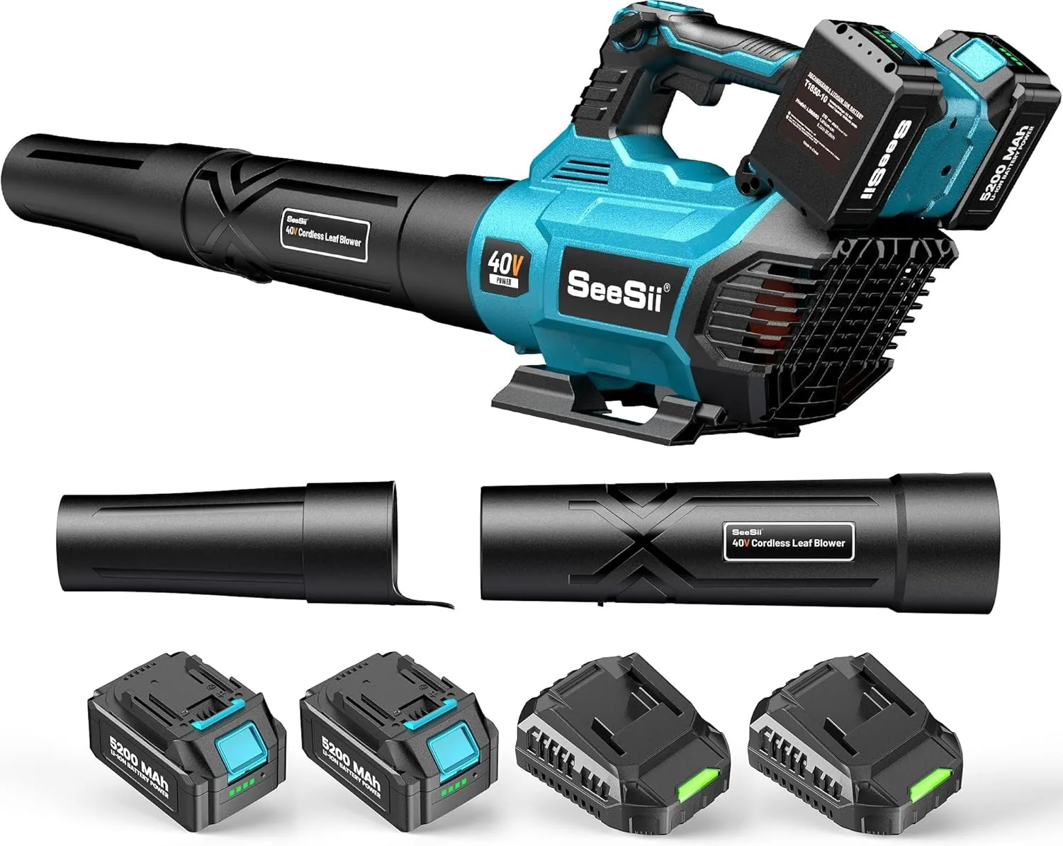 Seesii 40V Leaf Blower Cordless 680CFM/210MPH Brushless Motor Variable Speed Control Turbo Button Electric Blower 2*5.2A Battery
